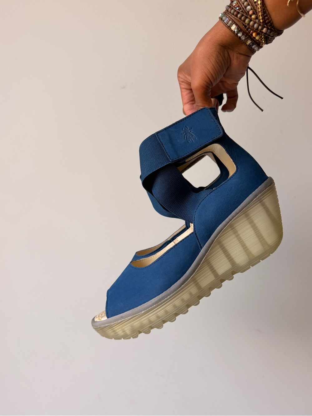 Fly London Blue Wedge Sandal with Elastic Ankle Strap